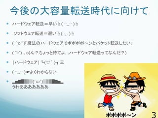 今後の大容量転送時代に向けて
  ハードウェア転送＝早い☝( ◠‿◠ )☝
  ソフトウェア転送＝遅い☝(◞‸◟)☝
  ( ^o^)「魔法のハードウェアでポポポポ～ンとパケット転送したい」
  ( ˘⊖˘) 。o(ん？ちょっと...