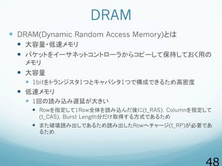 DRAM
  DRAM(Dynamic Random Access Memory)とは
  大容量・低速メモリ
  パケットをイーサネットコントローラからコピーして保持しておく用の
メモリ
  大容量
  1bitをトランジ...