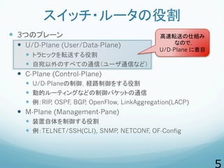 スイッチ・ルータの役割
  3つのプレーン
  U/D-Plane (User/Data-Plane)
  トラヒックを転送する役割
  自宛以外のすべての通信（ユーザ通信など）
  C-Plane (Control-Pla...