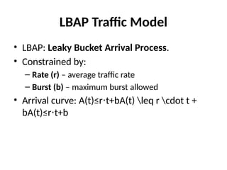 LBAP Traffic Model
• LBAP: Leaky Bucket Arrival Process.
• Constrained by:
– Rate (r) – average traffic rate
– Burst (b) – maximum burst allowed
• Arrival curve: A(t)≤r t+bA(t) leq r cdot t +
⋅
bA(t)≤r t+b
⋅
 