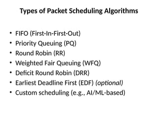 Types of Packet Scheduling Algorithms
• FIFO (First-In-First-Out)
• Priority Queuing (PQ)
• Round Robin (RR)
• Weighted Fair Queuing (WFQ)
• Deficit Round Robin (DRR)
• Earliest Deadline First (EDF) (optional)
• Custom scheduling (e.g., AI/ML-based)
 