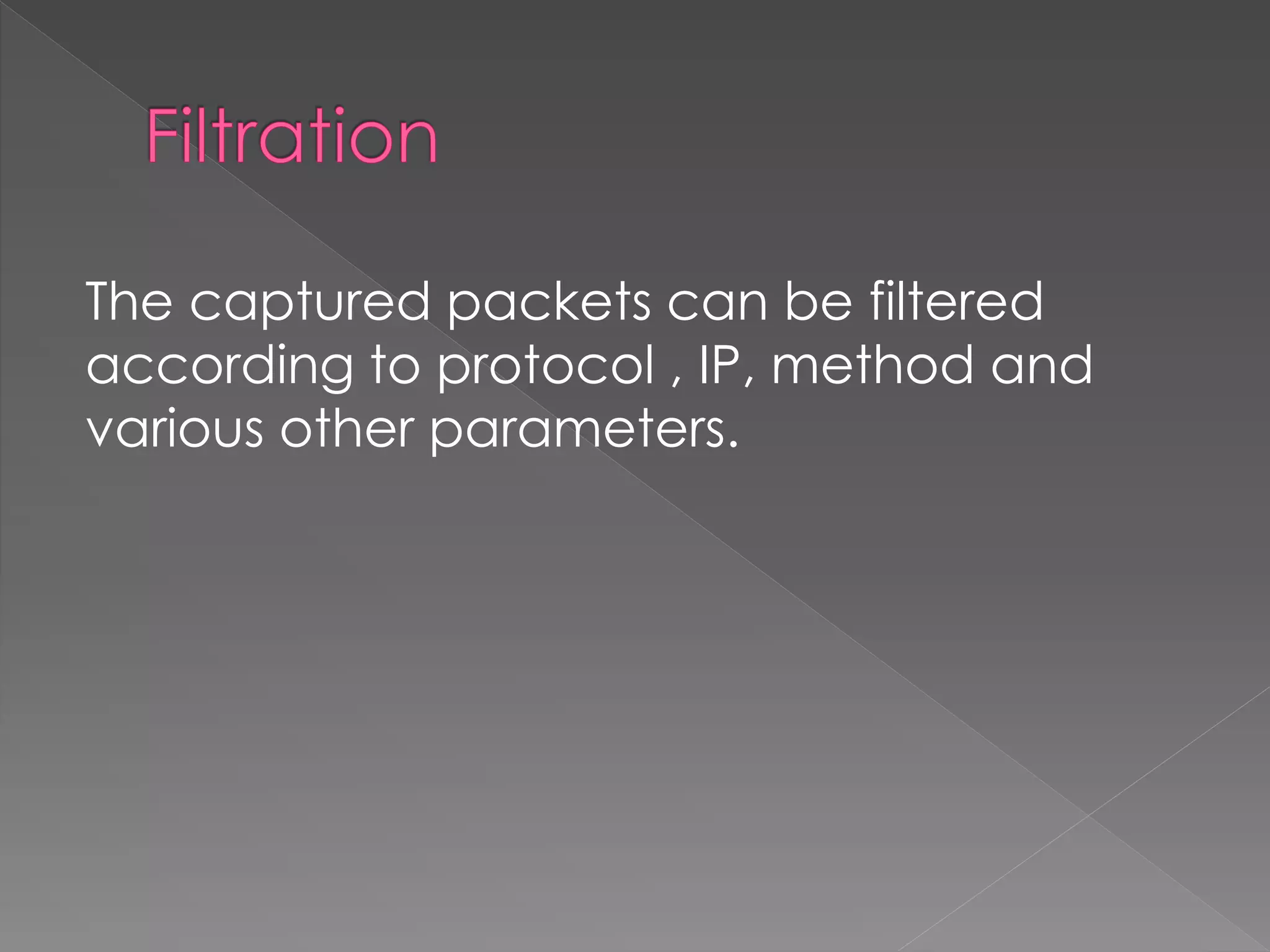 The captured packets can be filtered according to protocol , IP, method and various other parameters. 
 