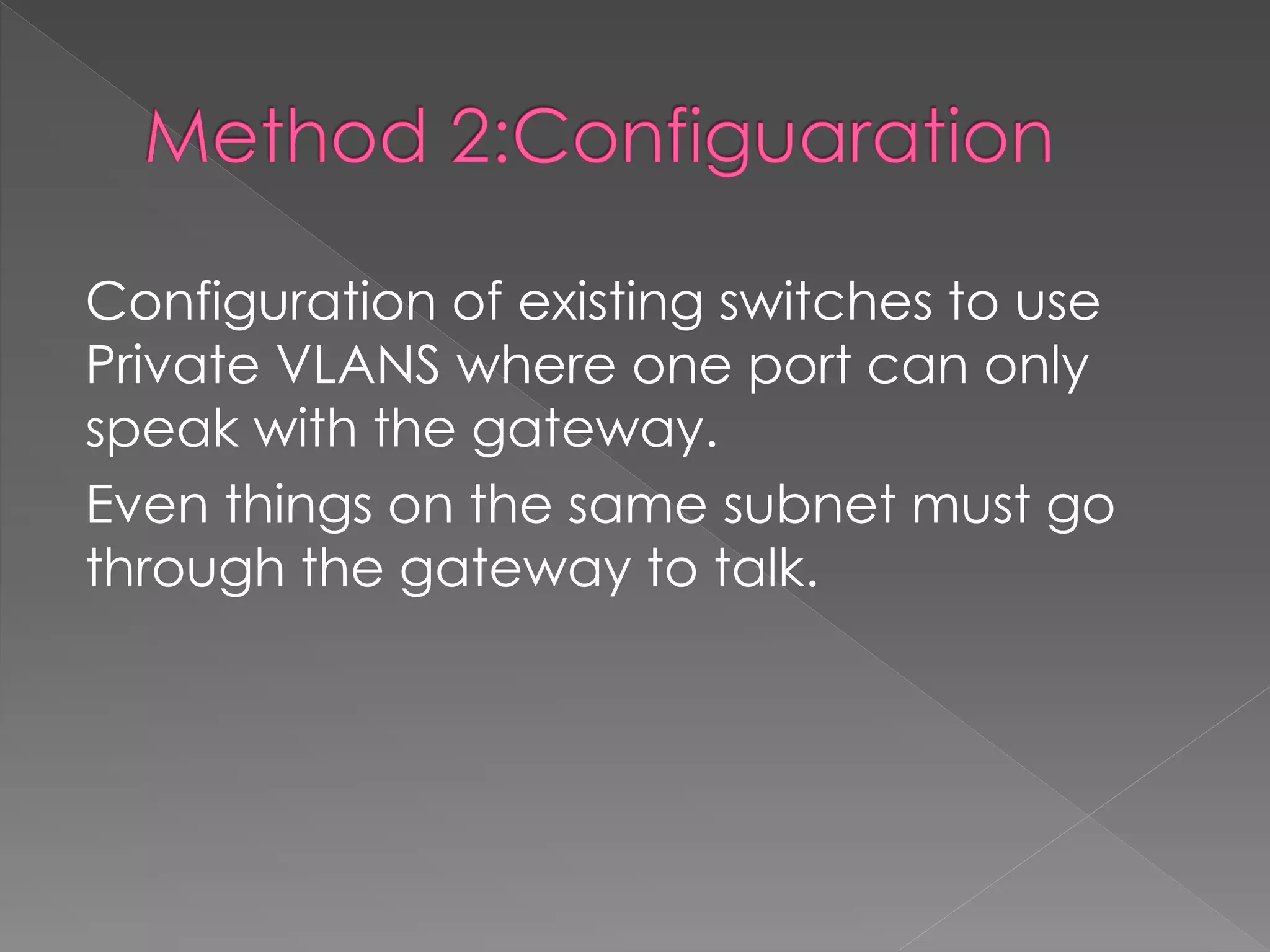 Configuration of existing switches to use Private VLANS where one port can only speak with the gateway. 
Even things on the same subnet must go through the gateway to talk. 
 