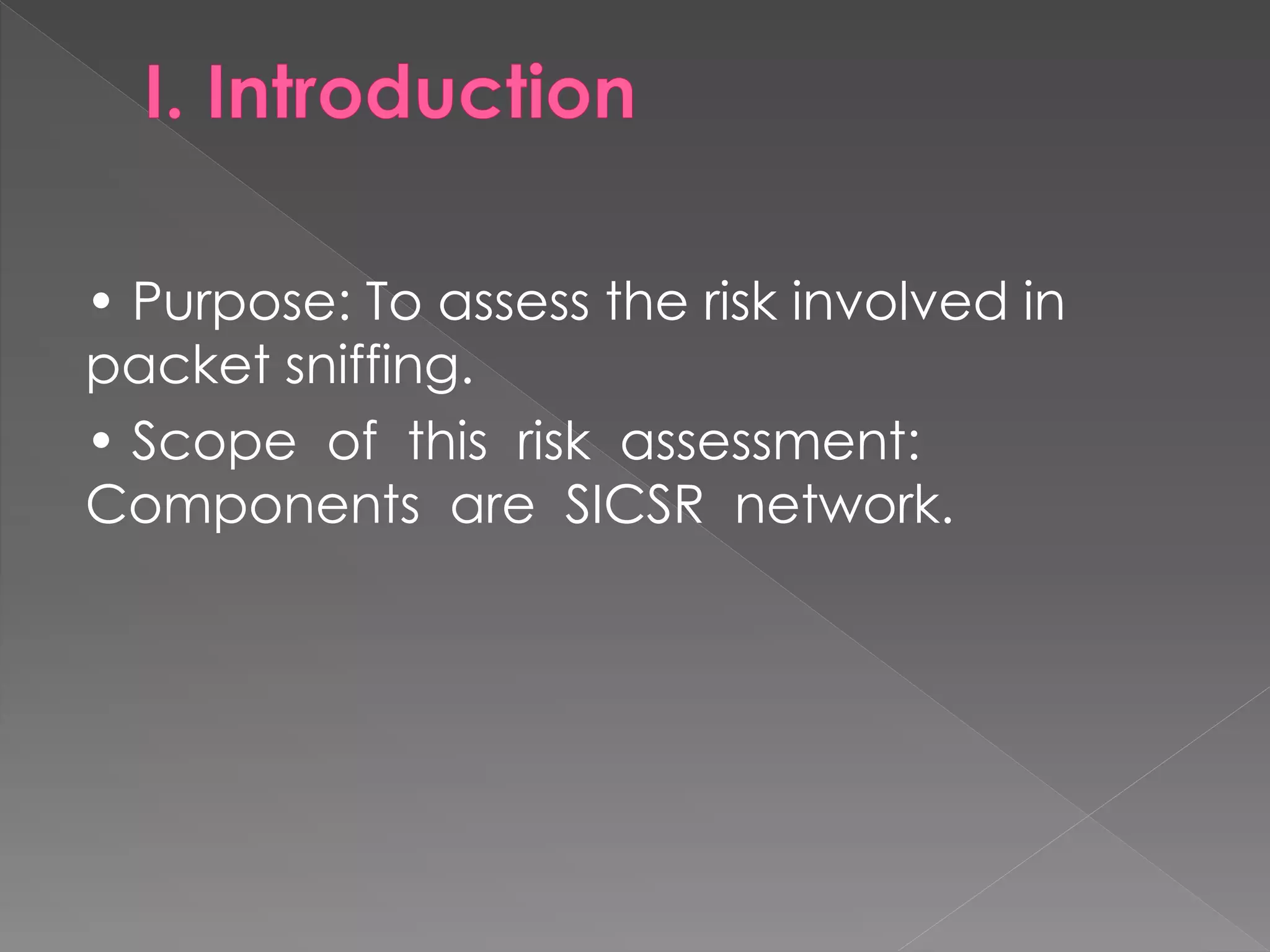 • Purpose: To assess the risk involved in packet sniffing. 
• Scope of this risk assessment: Components are SICSR network.  