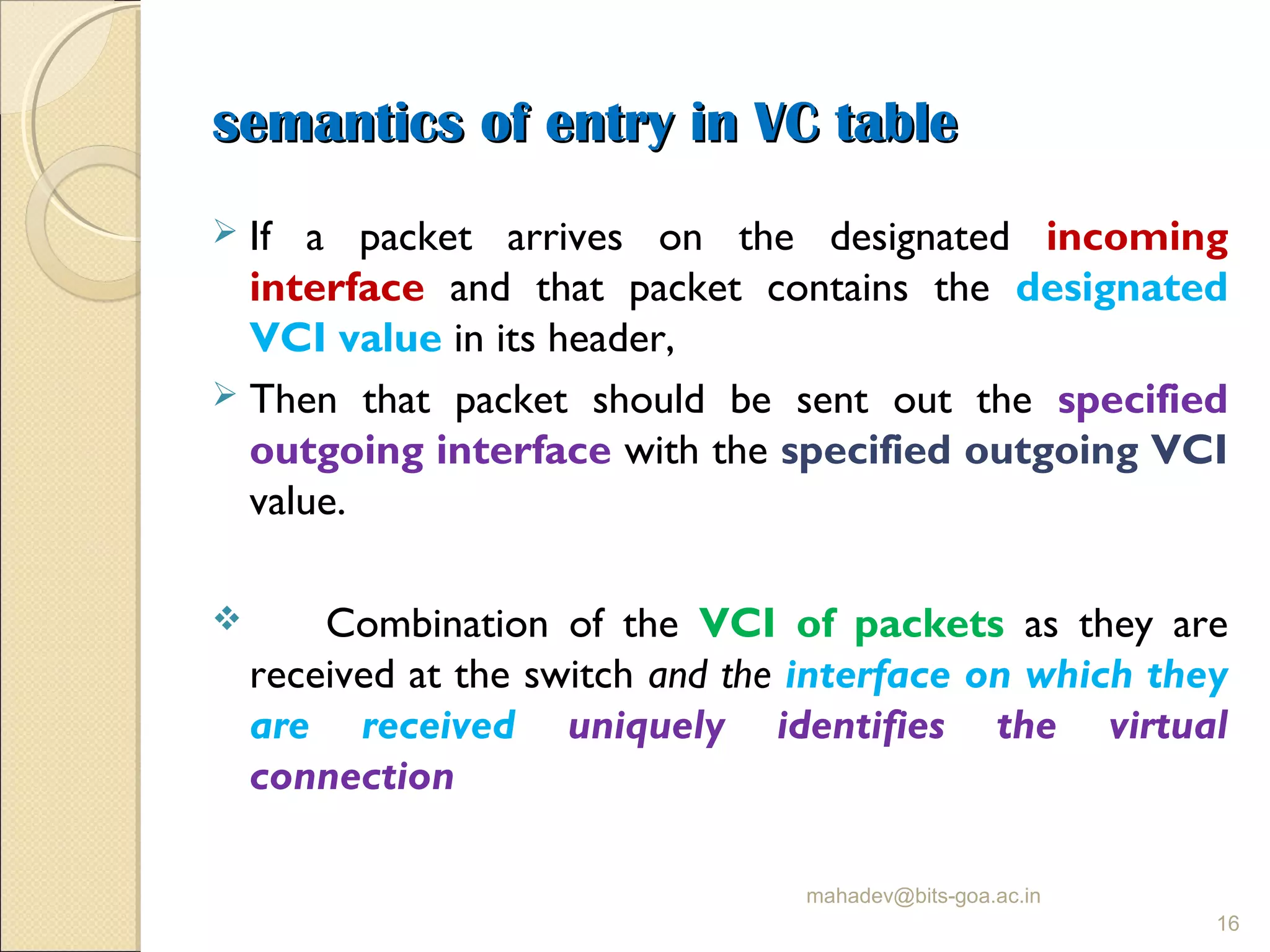 semantics of entry in VC tablesemantics of entry in VC table
 If a packet arrives on the designated incoming
interface and that packet contains the designated
VCI value in its header,
 Then that packet should be sent out the specified
outgoing interface with the specified outgoing VCI
value.
 Combination of the VCI of packets as they are
received at the switch and the interface on which they
are received uniquely identifies the virtual
connection
mahadev@bits-goa.ac.in
16
 