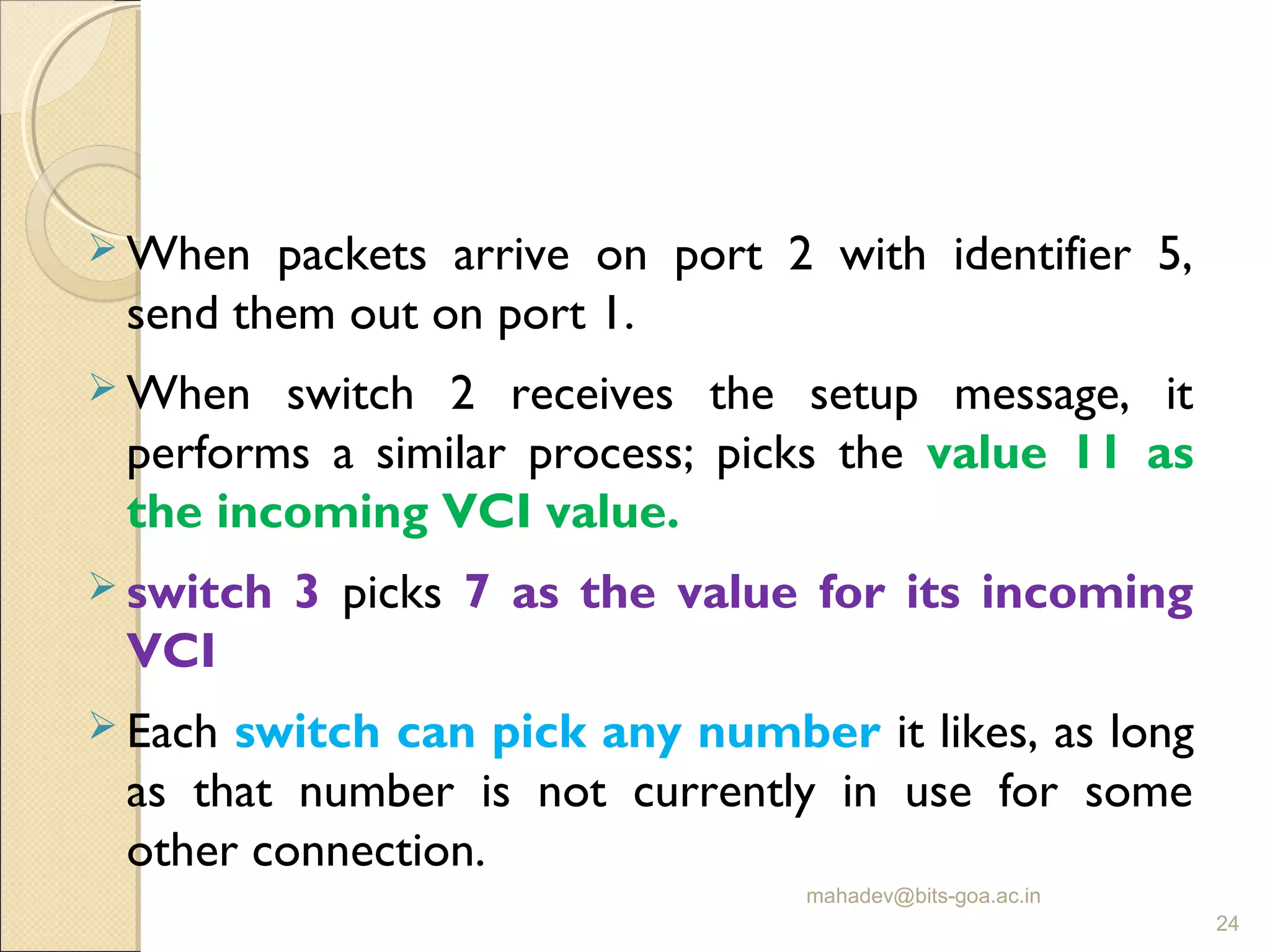  When packets arrive on port 2 with identifier 5,
send them out on port 1.
 When switch 2 receives the setup message, it
performs a similar process; picks the value 11 as
the incoming VCI value.
 switch 3 picks 7 as the value for its incoming
VCI
 Each switch can pick any number it likes, as long
as that number is not currently in use for some
other connection.
mahadev@bits-goa.ac.in
24
 