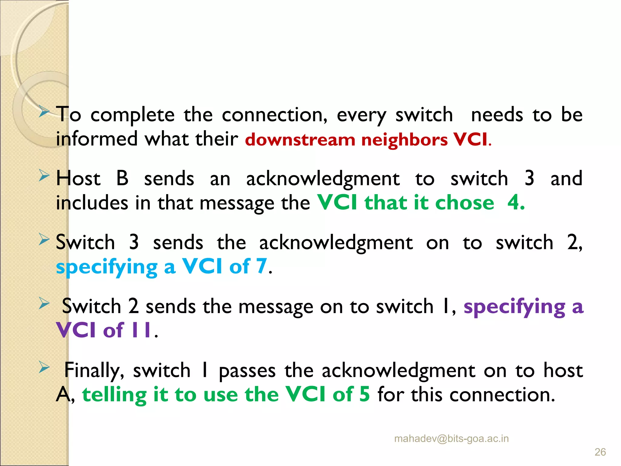  To complete the connection, every switch needs to be
informed what their downstream neighbors VCI.
 Host B sends an acknowledgment to switch 3 and
includes in that message the VCI that it chose 4.
 Switch 3 sends the acknowledgment on to switch 2,
specifying a VCI of 7.
 Switch 2 sends the message on to switch 1, specifying a
VCI of 11.
 Finally, switch 1 passes the acknowledgment on to host
A, telling it to use the VCI of 5 for this connection.
mahadev@bits-goa.ac.in
26
 