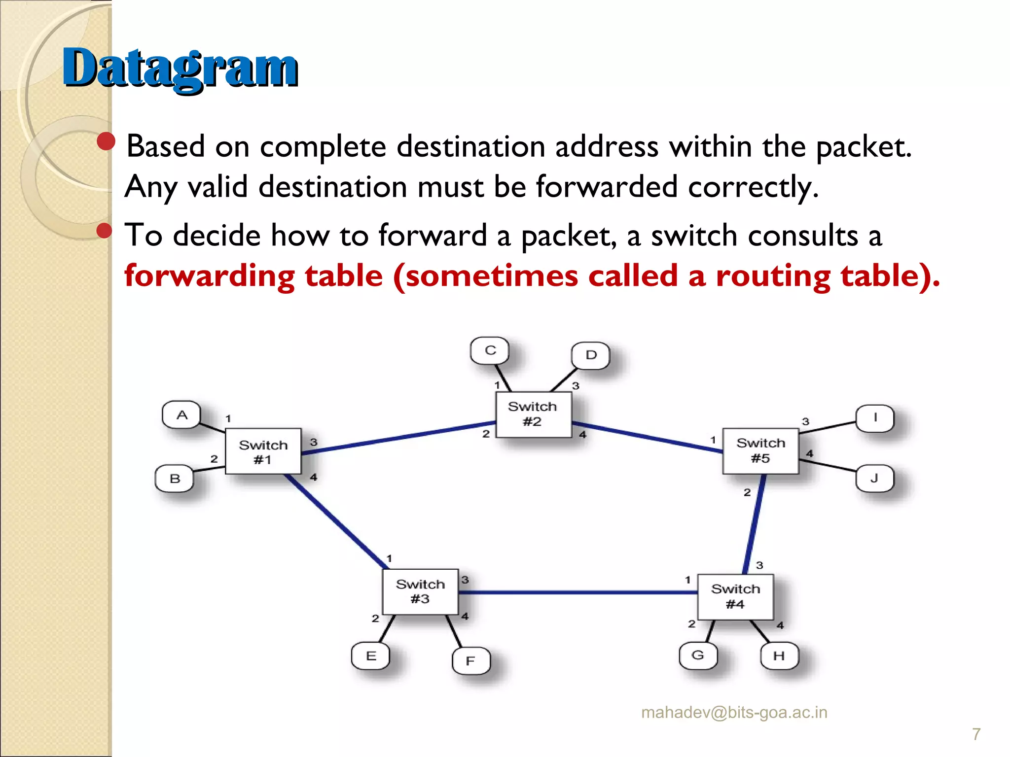 DatagramDatagram
Based on complete destination address within the packet.
Any valid destination must be forwarded correctly.
To decide how to forward a packet, a switch consults a
forwarding table (sometimes called a routing table).
mahadev@bits-goa.ac.in
7
 