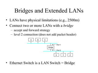 Bridges and Extended LANs
• LANs have physical limitations (e.g., 2500m)
• Connect two or more LANs with a bridge
– accept and forward strategy
– level 2 connection (does not add packet header)
• Ethernet Switch is a LAN Switch = Bridge
A
Bridge
B C
X Y Z
Port 1
Port 2
 