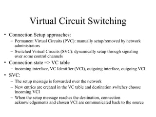 Virtual Circuit Switching
• Connection Setup approaches:
– Permanent Virtual Circuits (PVC): manually setup/removed by network
administrators
– Switched Virtual Circuits (SVC): dynamically setup through signaling
over some control channels
• Connection state => VC table
– incoming interface, VC Identifier (VCI), outgoing interface, outgoing VCI
• SVC:
– The setup message is forwarded over the network
– New entries are created in the VC table and destination switches choose
incoming VCI
– When the setup message reaches the destination, connection
acknowledgements and chosen VCI are communicated back to the source
 