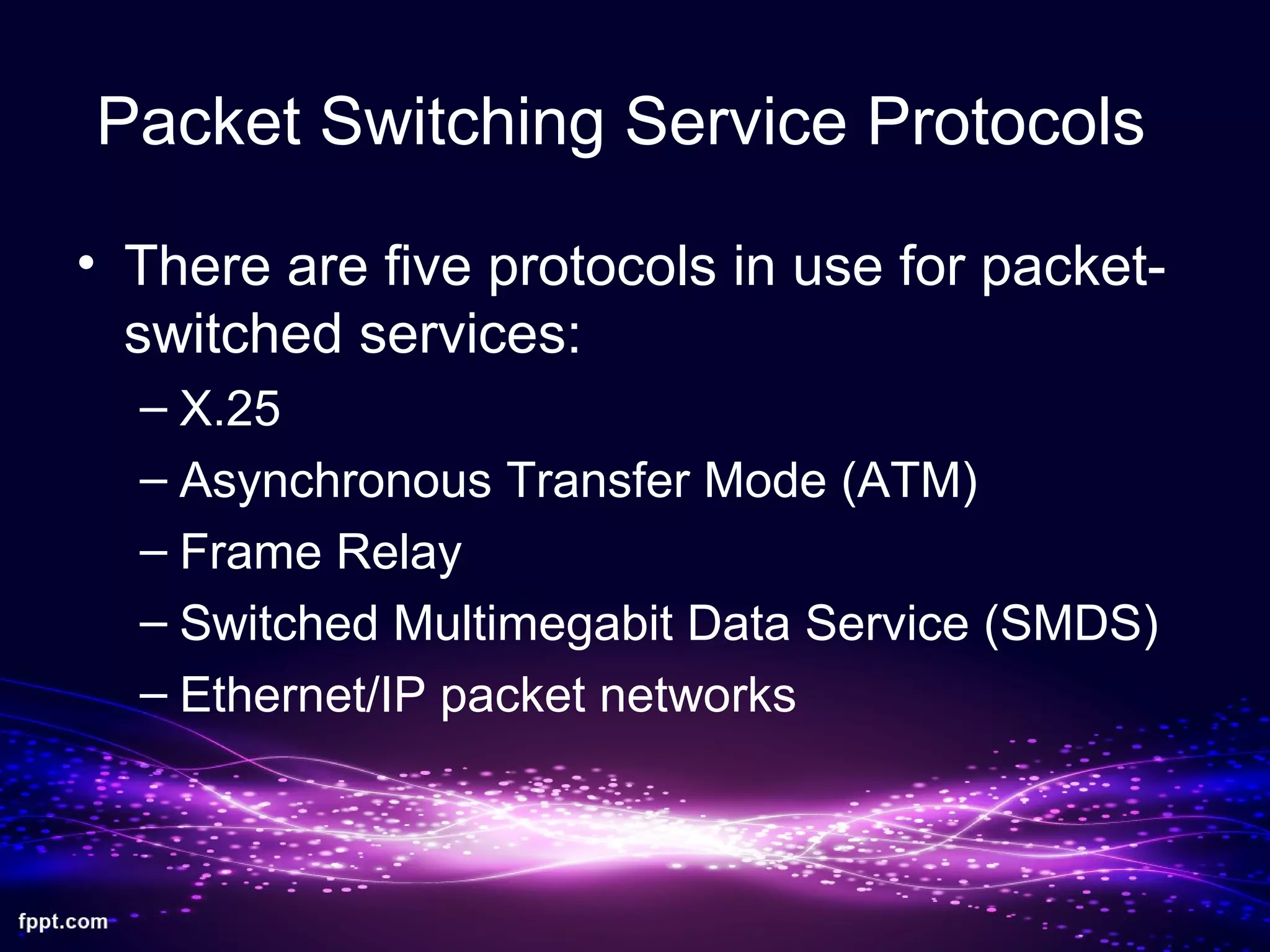 Packet Switching Service Protocols
• There are five protocols in use for packet-
switched services:
– X.25
– Asynchronous Transfer Mode (ATM)
– Frame Relay
– Switched Multimegabit Data Service (SMDS)
– Ethernet/IP packet networks
 