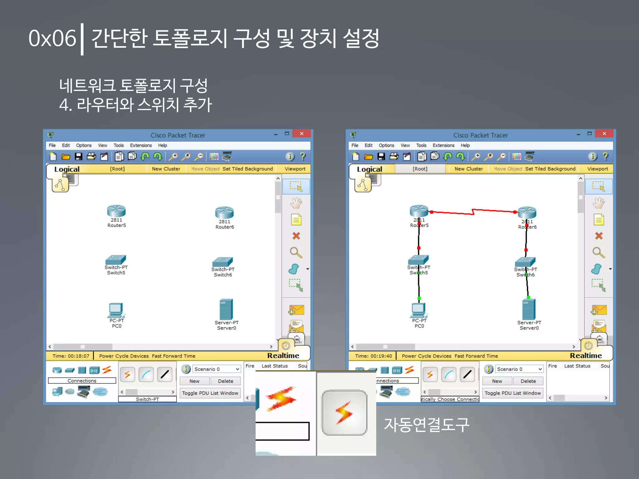 0x06 간단한 토폴로지 구성 및 장치 설정
네트워크 토폴로지 구성
4. 라우터와 스위치 추가
자동연결도구
 