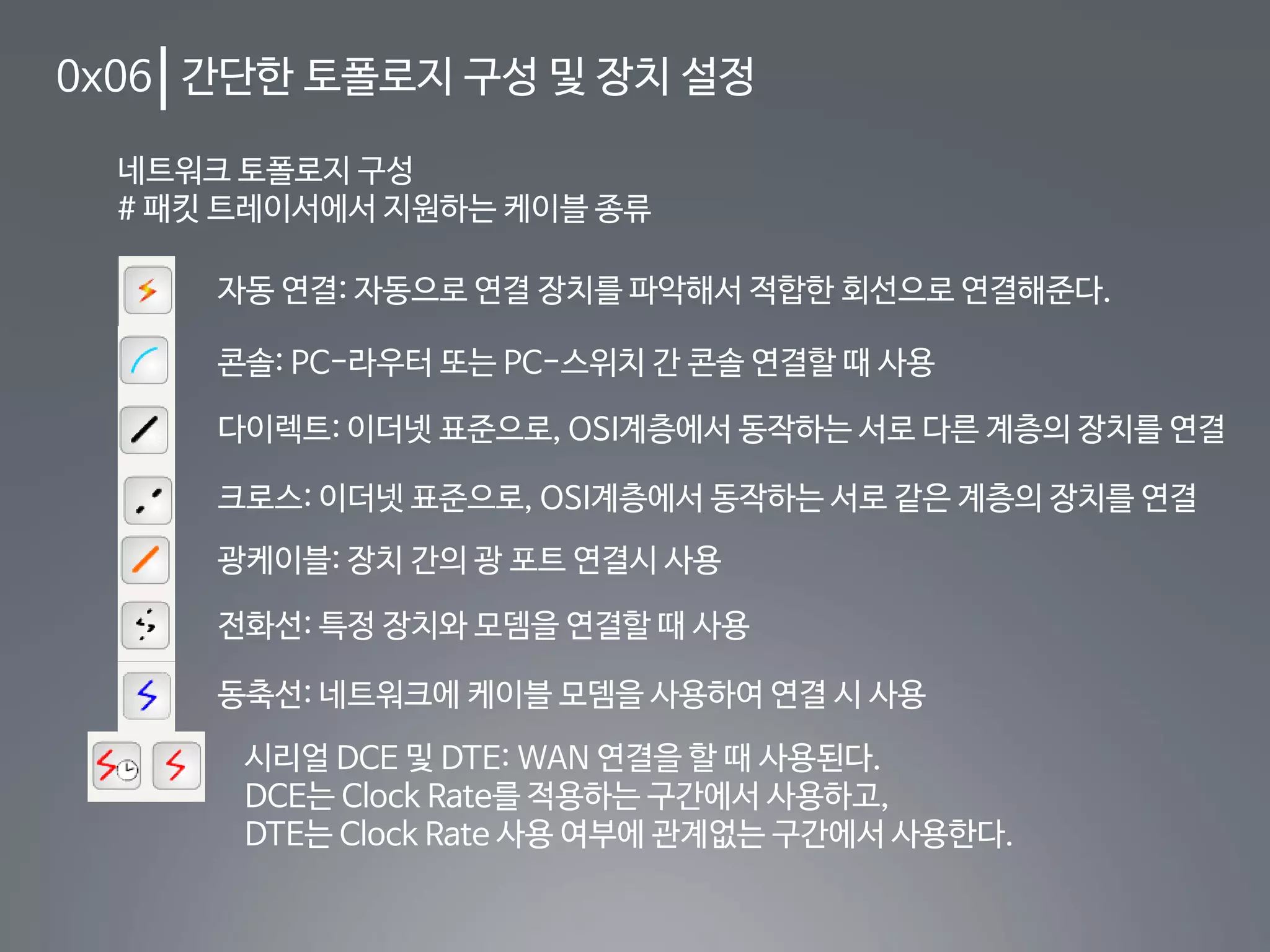 0x06 간단한 토폴로지 구성 및 장치 설정
네트워크 토폴로지 구성
# 패킷 트레이서에서 지원하는 케이블 종류
콘솔: PC-라우터 또는 PC-스위치 간 콘솔 연결할 때 사용
다이렉트: 이더넷 표준으로, OSI계층에서 동작하는 서로 다른 계층의 장치를 연결
크로스: 이더넷 표준으로, OSI계층에서 동작하는 서로 같은 계층의 장치를 연결
광케이블: 장치 간의 광 포트 연결시 사용
전화선: 특정 장치와 모뎀을 연결할 때 사용
동축선: 네트워크에 케이블 모뎀을 사용하여 연결 시 사용
시리얼 DCE 및 DTE: WAN 연결을 할 때 사용된다.
DCE는 Clock Rate를 적용하는 구간에서 사용하고,
DTE는 Clock Rate 사용 여부에 관계없는 구간에서 사용한다.
자동 연결: 자동으로 연결 장치를 파악해서 적합한 회선으로 연결해준다.
 