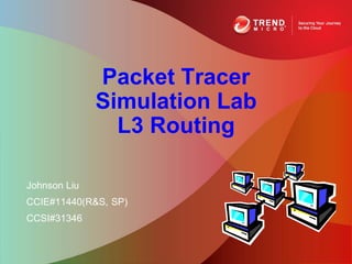 Packet Tracer
              Simulation Lab
                L3 Routing

Johnson Liu
CCIE#11440(R&S, SP)
CCSI#31346
 