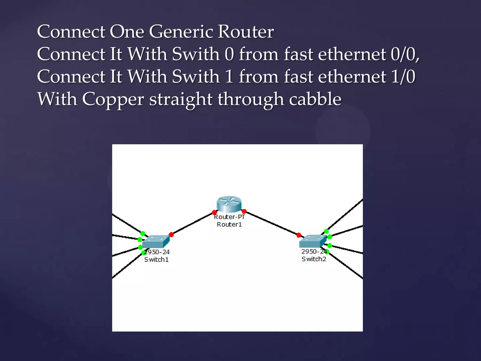 Connect One Generic Router
Connect It With Swith 0 from fast ethernet 0/0,
Connect It With Swith 1 from fast ethernet 1/0
With Copper straight through cabble

 
