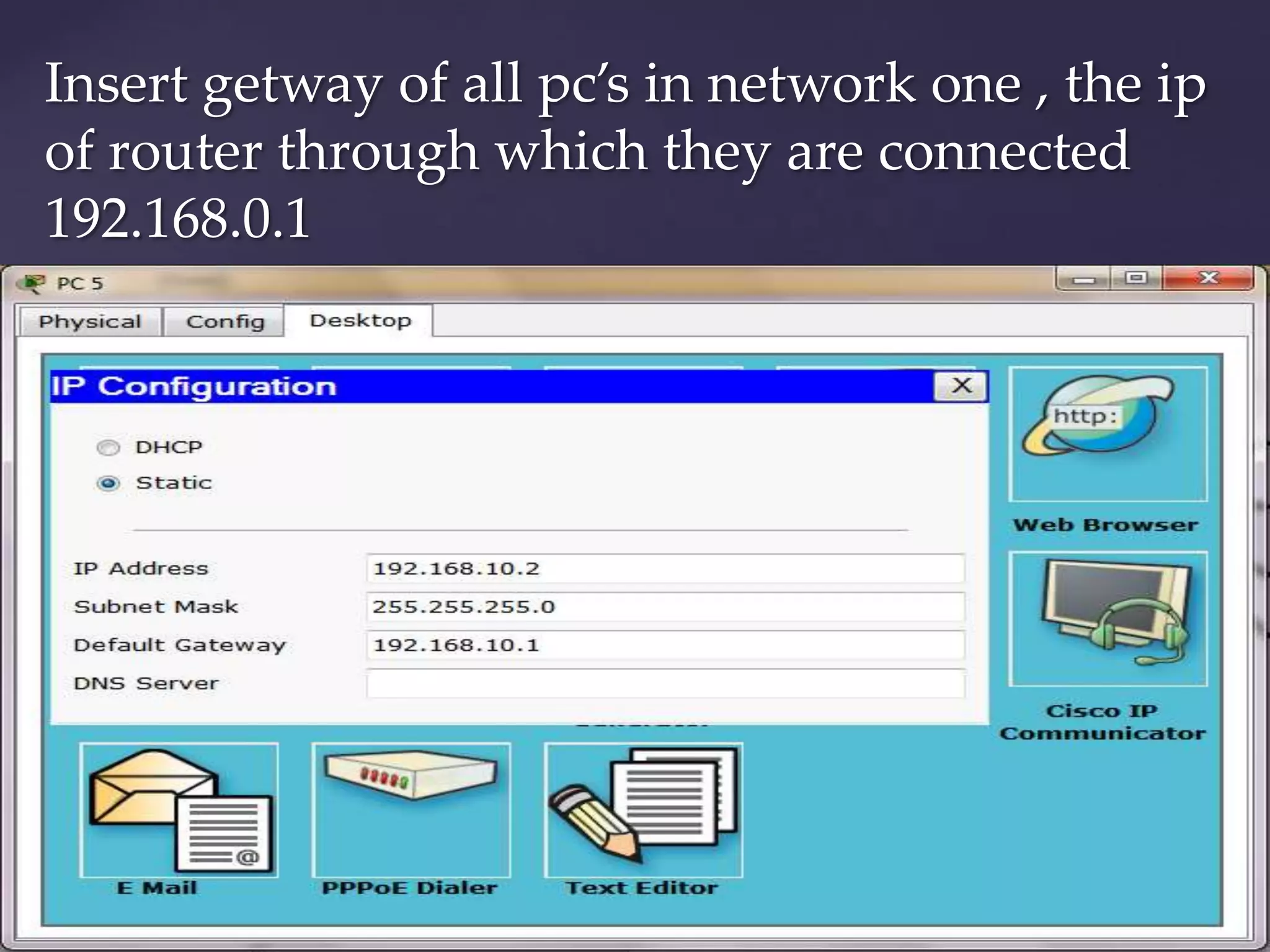 Insert getway of all pc’s in network one , the ip
of router through which they are connected
192.168.0.1

 