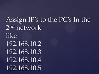 Assign IP’s to the PC’s In the
nd network
2
like
192.168.10.2
192.168.10.3
192.168.10.4
192.168.10.5

 