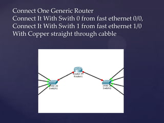 Connect One Generic Router
Connect It With Swith 0 from fast ethernet 0/0,
Connect It With Swith 1 from fast ethernet 1/0
...