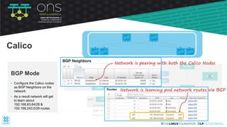 • Configure the Calico nodes
as BGP Neighbors on the
network
• As a result network will get
to learn about
192.168.83.64/26 &
192.168.243.0/26 routes
BGP Mode
Calico
bond0
tunl0
root
Node-121
25.25.25.121
iptables
route table
bond0
tunl0
root
Node-122
35.35.35.122
iptables
route table
❌ ❌
eth0pod1
192.168.83.69
cali-x
eth0pod2
cali-y
192.168.243.4
Network is peering with both the Calico Nodes
Network is learning pod network routes via BGP
 