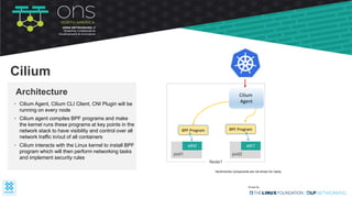 • Cilium Agent, Cilium CLI Client, CNI Plugin will be
running on every node
• Cilium agent compiles BPF programs and make
the kernel runs these programs at key points in the
network stack to have visibility and control over all
network traffic in/out of all containers
• Cilium interacts with the Linux kernel to install BPF
program which will then perform networking tasks
and implement security rules
Architecture
Cilium
eth0
pod1
eth1
pod2
veth1
cbr0
eth0
flannel
0
Node1
*etcd/monitor components are not shown for clarity
Cilium
Agent
BPF Program BPF Program
 