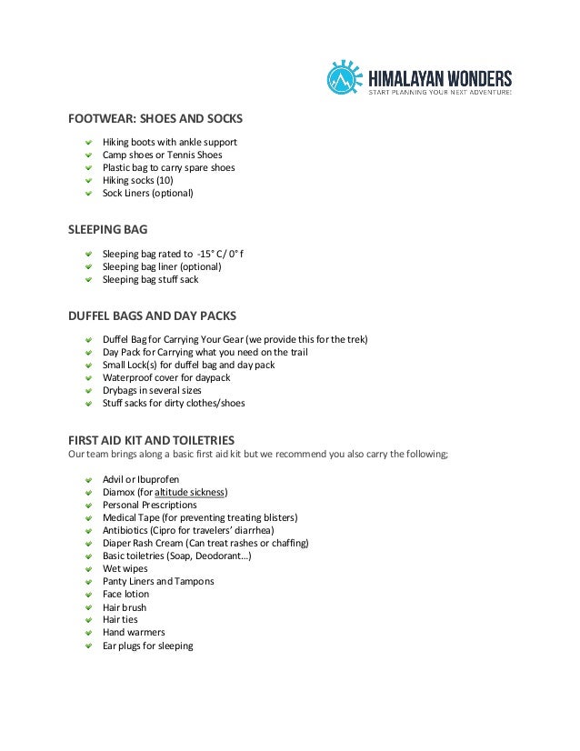 Everest Base Camp Packing List