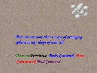 There are not more than 4 ways of arranging
spheres in any shape of unit cell
These are Primitive, Body Centered, Face
Centered & End Centered
 