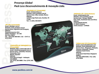 Presença Global
Pack Less Desenvolvimento & Inovação Ltda.
FlexPallet LLC (Licenciada)

Email: info@packless.us
Website: www.packless.com.br
Service Area: USA, Canada, Mexico
Address
12218 Longs Peak Lane, Humble, TX
77346
Tel: +1 (281) 459-0073

JPC SRL (Licenciada)

Email: info@jpc.com.ar
Website: www.packless.com.br
Service Area: Argentina and Paraguay
Address
Panamericana km 43,5
Edificio SkyGlass – Of. 302
Del Viso (1667)
Tel: +54 2320 300 650 / Cel: +54 9 11
4173 9423

INOPACK LTD. (Joint Venture)

Email: info@inopack.info
Website: www.packless.com.br
Service Area : Europe, Middle
East, India, Southeast Asia and Africa
Address
13 Karaiskakis Street,
CY 3020 Limassol,
3728 Limassol – CYPRUS

Pallets Asia S/A (Licenciada)
COMPAÑÍA DE EMPAQUES S.A.
(Licenciada)

Website: http://www.epq.com.co
Email: info@ciaempaques.com.co
Service Area : Colombia, Panamá,
Venezuela, Peru,
Bolívia, Equador
Address
CR 42 86-25 Itagüí – Antioquia
COLOMBIA
Tel: (574) 365 8888 / Fax: (574) 365
8877

www.packless.com.br

Email: enquiry@palletsasia.com
Website: www.palletsasia.com
Service Area : Singapore, Malaysia,
Vietnam, Indonesia, Taiwan,
Thailand, South Korea
Address
5 Toh Guan Road East, Singapore
608831
Tel: (65) 6465 8336 / Fax: (65)
6795 8556

 