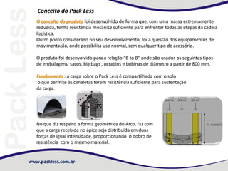 Conceito do Pack Less
O conceito do produto foi desenvolvido de forma que, com uma massa extremamente
reduzida, tenha resistência mecânica suficiente para enfrentar todas as etapas da cadeia
logística.
Outro ponto considerado no seu desenvolvimento, foi a questão dos equipamentos de
movimentação, onde possibilita uso normal, sem qualquer tipo de acessório.

O produto foi desenvolvido para a relação “B to B” onde são usados os seguintes tipos
de embalagens: sacos, big bags , octabins e bobinas de diâmetro a partir de 800 mm.
Fundamento : a carga sobre o Pack Less é compartilhada com o solo
o que permite às canaletas terem resistência suficiente para sustentação
da carga.

No que diz respeito a forma geométrica do Arco, faz com
que a carga recebida no ápice seja distribuída em duas
forças de igual intensidade, proporcionando o dobro de
resistência com o mesmo material.

www.packless.com.br

 