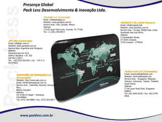 www.packless.com.br
Presença Global
Pack Less Desenvolvimento & Inovação Ltda.
COMPAÑÍA DE EMPAQUES S.A.
(Licenciada)
Website: http://www.epq.com.co
Email: info@ciaempaques.com.co
Service Area : Colombia, Panamá, Venezuela,
Peru,
Bolívia, Equador
Address
CR 42 86-25 Itagüí – Antioquia
COLOMBIA
Tel: (574) 365 8888 / Fax: (574) 365 8877
FlexPallet LLC (Licenciada)
Email: info@packless.us
Website: www.packless.com.br
Service Area: USA, Canada, Mexico
Address
12218 Longs Peak Lane, Humble, TX 77346
Tel: +1 (281) 459-0073
Pallets Asia S/A (Licenciada)
Email: enquiry@palletsasia.com
Website: www.palletsasia.com
Service Area : Singapore, Malaysia,
Vietnam, Indonesia, Taiwan, Thailand,
South Korea
Address
5 Toh Guan Road East, Singapore
608831
Tel: (65) 6465 8336 / Fax: (65) 6795
8556
JPC SRL (Licenciada)
Email: info@jpc.com.ar
Website: www.packless.com.br
Service Area: Argentina and Paraguay
Address
Panamericana km 43,5
Edificio SkyGlass – Of. 302
Del Viso (1667)
Tel: +54 2320 300 650 / Cel: +54 9 11
4173 9423
INOPACK LTD. (Joint Venture)
Email: info@inopack.info
Website: www.packless.com.br
Service Area : Europe, Middle East, India,
Southeast Asia and Africa
Address
13 Karaiskakis Street,
CY 3020 Limassol,
3728 Limassol – CYPRUS
 