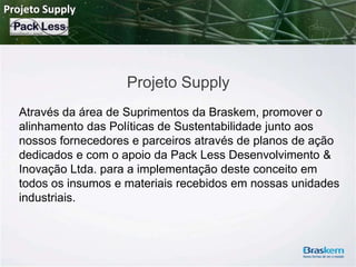 Projeto Supply

Projeto Supply
Através da área de Suprimentos da Braskem, promover o
alinhamento das Políticas de Sustentabilidade junto aos
nossos fornecedores e parceiros através de planos de ação
dedicados e com o apoio da Pack Less Desenvolvimento &
Inovação Ltda. para a implementação deste conceito em
todos os insumos e materiais recebidos em nossas unidades
industriais.

 