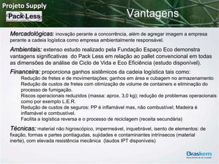 Projeto Supply

Vantagens

Mercadológicas: inovação perante a concorrência, além de agregar imagem a empresa
perante a cadeia logística como empresa ambientalmente responsável.

Ambientais: extenso estudo realizado pela Fundação Espaço Eco demonstra
vantagens significativas do Pack Less em relação ao pallet convencional em todas
as dimensões de análise de Ciclo de Vida e Eco Eficiência (estudo disponível).

Financeira: proporciona ganhos sistêmicos da cadeia logística tais como:
Redução de fretes e de movimentações; ganhos em área e cubagem no armazenamento
Redução de custos de fretes com otimização de volume de containers e eliminação do
processo de fumigação.
Riscos operacionais reduzidos (massa: aprox. 3,0 kg); redução de problemas operacionais
como por exemplo L.E.R.
Redução de custos de seguros: PP é inflamável mas, não combustível; Madeira é
inflamável e combustível.
Facilita a logística reversa e o processo de reciclagem (receita secundária)

Técnicas: material não higroscópico, impermeável, inquebrável, isento de elementos: de
fixação, formas e partes pontiagudas, sujidades e contaminantes intrínsecos (material
inerte), com elevada resistência mecânica (laudos IPT disponíveis)

 