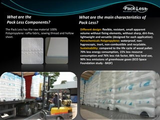 What are the
Pack Less Components?
The Pack Less has the raw material 100%
Polypropylene: raffia fabric, sewing thread and hollow
sheet.

What are the main characteristics of
Pack Less?
Different design: flexible, resistant, small apparent
volume without fixing elements, without sharp, dirt-free,
lightweight and versatile (designed for each application).
Petrochemicals Polypropylene: waterproof, nonhygroscopic, inert, non-combustible and recyclable.
Sustainability: compared to the life cycle of wood pallet:
70% less energy consumption, 15% less resource
consumption and 76% less risk factor, 88% less land use,
90% less emissions of greenhouse gases (ECO Space
Foundation study - BASF)

 