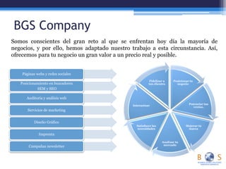 BGS Company
Somos conscientes del gran reto al que se enfrentan hoy día la mayoría de
negocios, y por ello, hemos adaptado nuestro trabajo a esta circunstancia. Así,
ofrecemos para tu negocio un gran valor a un precio real y posible.
Posicionar tu
negocio
Potenciar tus
ventas.
Mejorar tu
marca
Analizar tu
mercado
Satisfacer las
necesidades
Interactuar
Fidelizar a
tus clientes
Páginas webs y redes sociales
Posicionamiento en buscadores
SEM y SEO
Auditoria y análisis web
Servicios de marketing
Diseño Gráfico
Imprenta
Campañas newsletter
 