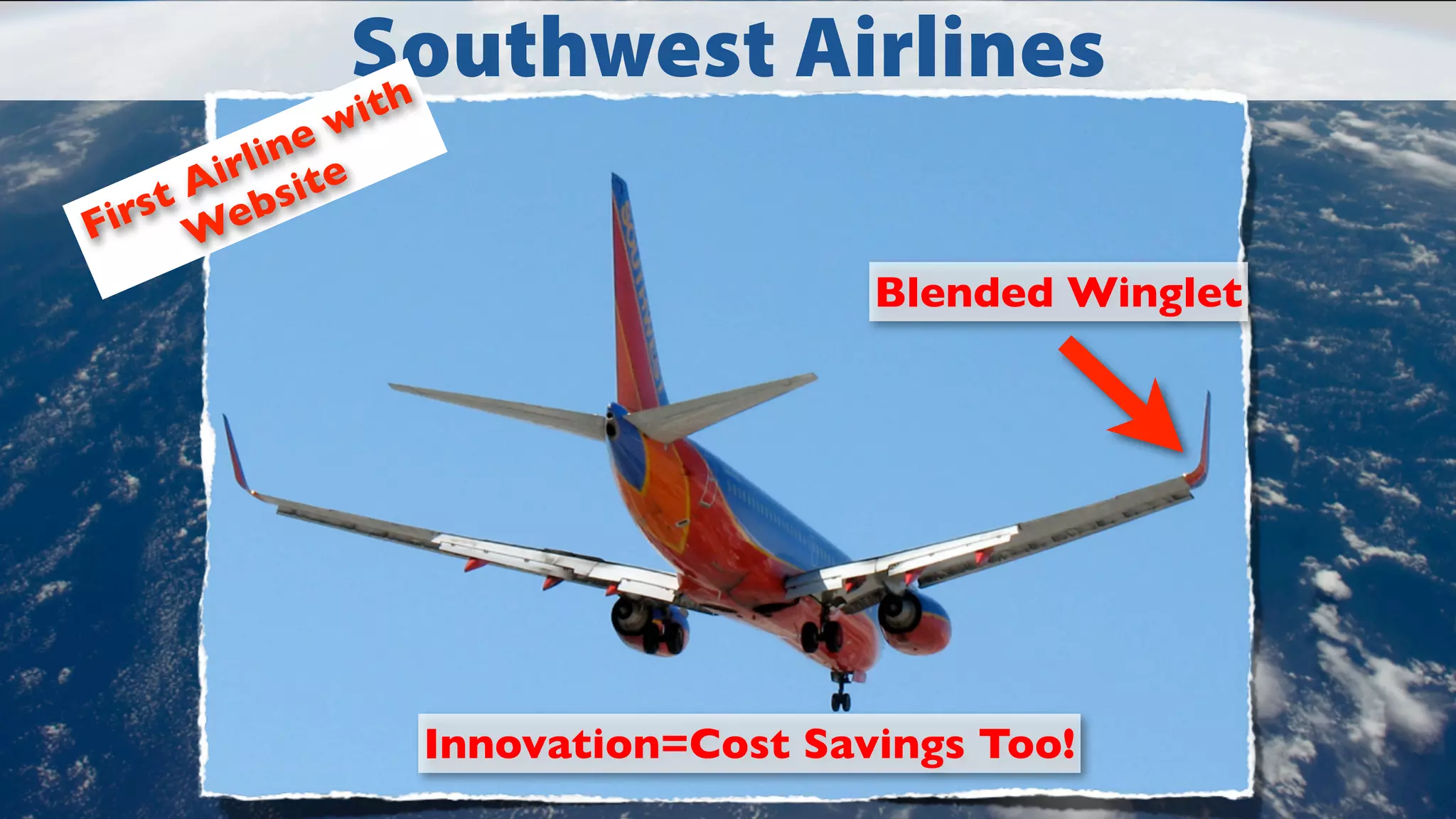 Southwest Airlines
th

wi
ine
irl ite
t A ebs
irs W
F

Blended Winglet

Innovation=Cost Savings Too!

 