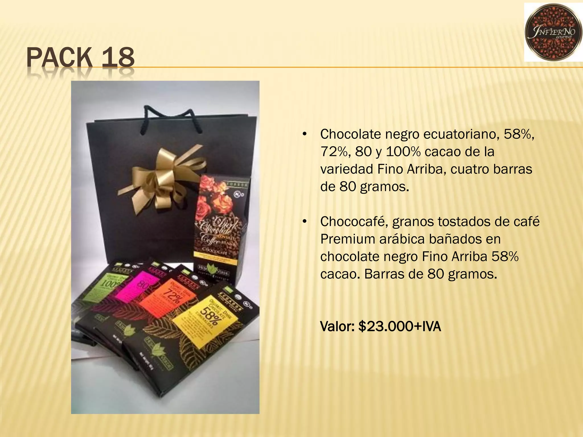 PACK 18 
•Chocolate negro ecuatoriano, 58%, 72%, 80 y 100% cacao de la variedad Fino Arriba, cuatro barras de 80 gramos. 
•Chococafé, granos tostados de café Premium arábica bañados en chocolate negro Fino Arriba 58% cacao. Barras de 80 gramos. Valor: $23.000+IVA  