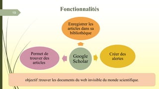 19
Fonctionnalités
Google
Scholar
Enregistrer les
articles dans sa
bibliothèque
Créer des
alertes
Permet de
trouver des
articles
objectif :trouver les documents du web invisible du monde scientifique.
 