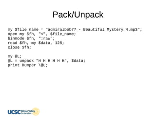 Pack/Unpack
my $file_name = "admiralbob77_-_Beautiful_Mystery_4.mp3";
open my $fh, "<", $file_name;
binmode $fh, ":raw";
read $fh, my $data, 128;
close $fh;
my @L;
@L = unpack "H H H H H H", $data;
print Dumper @L;
 