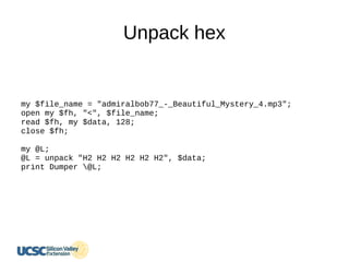 Unpack hex
my $file_name = "admiralbob77_-_Beautiful_Mystery_4.mp3";
open my $fh, "<", $file_name;
read $fh, my $data, 128;
close $fh;
my @L;
@L = unpack "H2 H2 H2 H2 H2 H2", $data;
print Dumper @L;
 