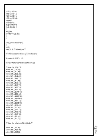 Page15
r[0]=3;c[0]=76;
r[1]=3;c[1]=12;
r[2]=12;c[2]=4;
r[3]=14;c[3]=62;
score=0;
liveslost=0;
bugnumber=0;
for(j=0;j<4;j++)
{
dir[j]=0;
charbelow[j]=250;
}
}
voidgamescreen(void)
{
inti ;
size(32,0);/*hide cursor*/
/*Fill the screenwiththe specifiedcolor*/
drawbox (0,0,16,79,12);
//drawthe horizontal linesof the maze
/*Draw the titbits*/
hline(205,1,0,0,79);
hline(205,1,2,2,20);
hline(205,1,2,22,38);
hline(205,1,2,42,61);
hline(205,1,2,63,77);
hline(205,1,4,2,20);
hline(205,1,4,22,61);
hline(205,1,4,63,77);
hline(205,1,17,0,79);
hline(205,1,15,2,38);
hline(205,1,15,42,77);
hline(205,1,13,0,12);
hline(205,1,13,65,78);
hline(205,1,13,16,61);
hline(205,1,11,2,14);
hline(205,1,11,62,77);
hline(205,1,8,16,61);
hline(205,1,6,2,38);
hline(205,1,6,42,77);
hline(205,1,7,63,77);
hline(205,1,9,63,78);
hline(205,1,7,2,14);
hline(205,1,9,1,14);
/*Draw the columnsof the titbits*/
vline(186,1,0,0,16);
vline(186,1,79,0,16);
vline(186,1,40,0,2);
 