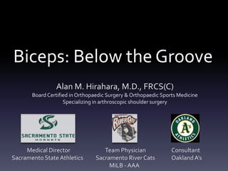Biceps: Below the Groove
                Alan M. Hirahara, M.D., FRCS(C)
       Board Certified in Orthopaedic Surgery & Orthopaedic Sports Medicine
                    Specializing in arthroscopic shoulder surgery




     Medical Director               Team Physician              Consultant
Sacramento State Athletics       Sacramento River Cats          Oakland A’s
                                      MiLB - AAA
 
