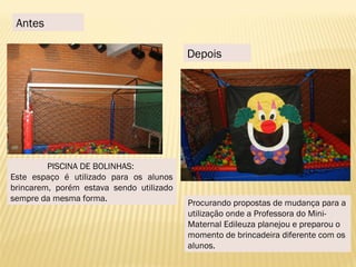 Antes
Depois
PISCINA DE BOLINHAS:
Este espaço é utilizado para os alunos
brincarem, porém estava sendo utilizado
sempre da mesma forma.
Procurando propostas de mudança para a
utilização onde a Professora do Mini-
Maternal Edileuza planejou e preparou o
momento de brincadeira diferente com os
alunos.
 