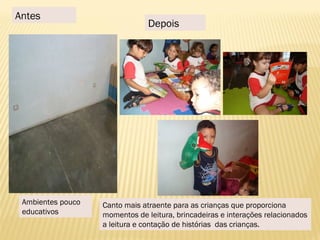 Antes
Depois
Ambientes pouco
educativos
Canto mais atraente para as crianças que proporciona
momentos de leitura, brincadeiras e interações relacionados
a leitura e contação de histórias das crianças.
 
