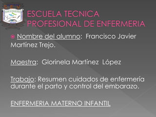  Nombre del alumno: Francisco Javier
Martínez Trejo.
Maestra: Glorinela Martínez López
Trabajo: Resumen cuidados de enfermería
durante el parto y control del embarazo.
ENFERMERIA MATERNO INFANTIL
 