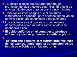 ... El adicto al paco puede fumar por día, en. El adicto al paco puede fumar por día, en
promedio, de diez a quince cigarrillos. El efecto depromedio, de diez a quince cigarrillos. El efecto de
un cigarrillo de paco dura de dos a cinco minutos.un cigarrillo de paco dura de dos a cinco minutos.
Tiene los mismos riesgos que el consumoTiene los mismos riesgos que el consumo
inmoderado de cocaína, pero además por su vía deinmoderado de cocaína, pero además por su vía de
administración afecta también a losadministración afecta también a los pulmonespulmones
Los adictos a esta droga son corrientementeLos adictos a esta droga son corrientemente
denominados comodenominados como muertos vivosmuertos vivos debido a sudebido a su
apariencia física.apariencia física.
El ácido sulfúrico en el compuesto produceEl ácido sulfúrico en el compuesto produce
enfisema y cáncer pulmonar a mediano plazo.enfisema y cáncer pulmonar a mediano plazo.
El kerosene disuelve el recubrimiento mielínicoEl kerosene disuelve el recubrimiento mielínico
de los axones, impidiendo la transmisión de losde los axones, impidiendo la transmisión de los
impulsos eléctricos en las neuronas.impulsos eléctricos en las neuronas.
 