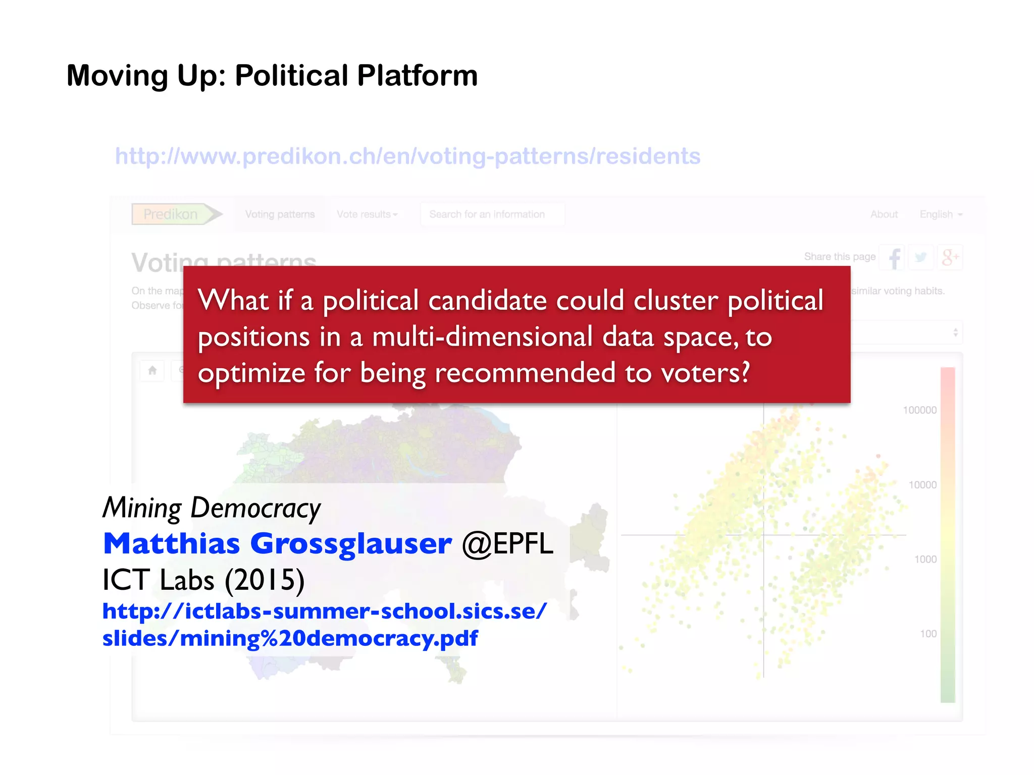 Moving Up: Political Platform
Mining Democracy 
Matthias Grossglauser @EPFL 
ICT Labs (2015) 
http://ictlabs-summer-school.sics.se/
slides/mining%20democracy.pdf
What if a political candidate could cluster political
positions in a multi-dimensional data space, to
optimize for being recommended to voters?
http://www.predikon.ch/en/voting-patterns/residents
 