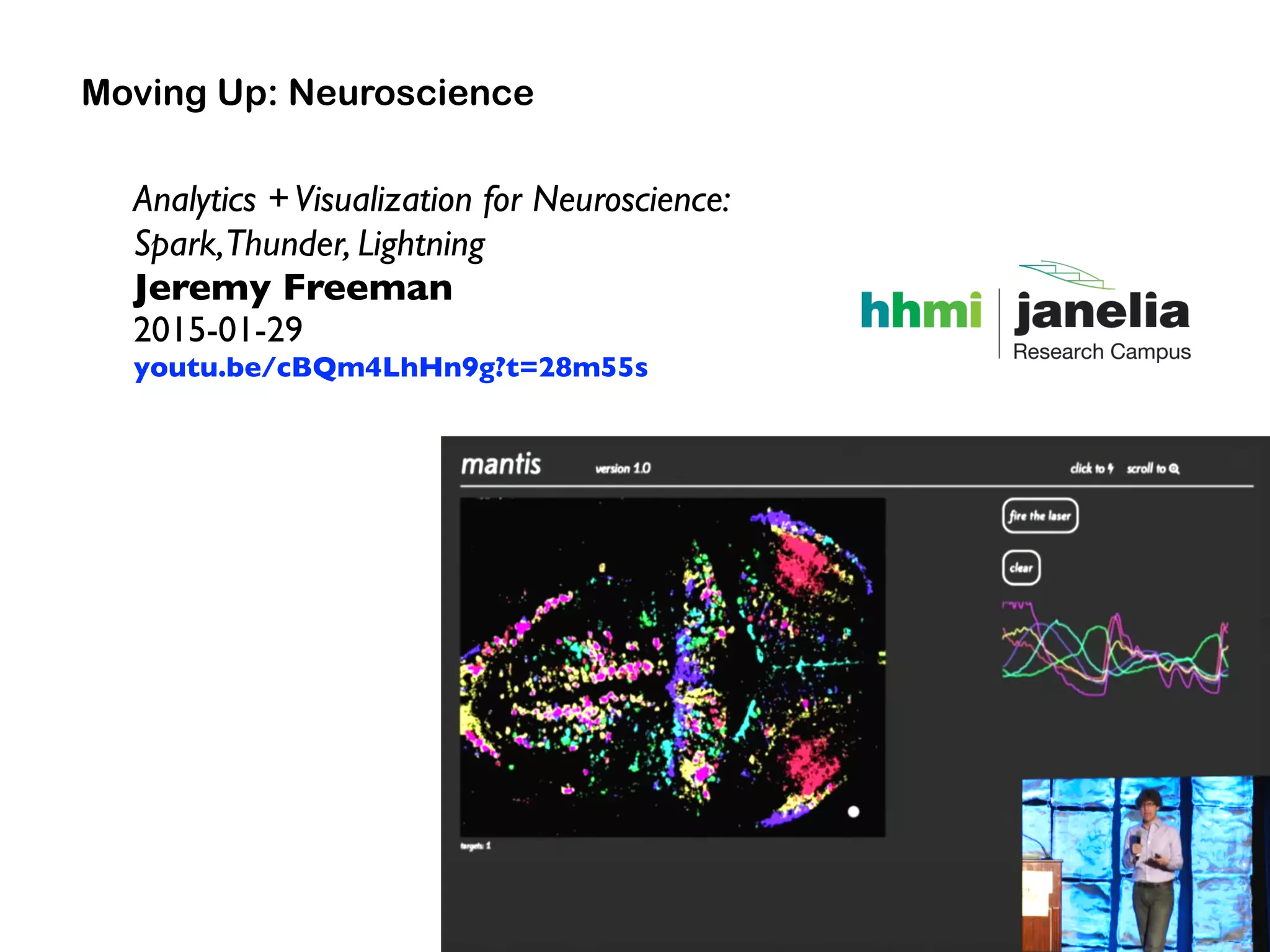 Moving Up: Neuroscience
Analytics +Visualization for Neuroscience:
Spark,Thunder, Lightning
Jeremy Freeman 
2015-01-29
youtu.be/cBQm4LhHn9g?t=28m55s
 