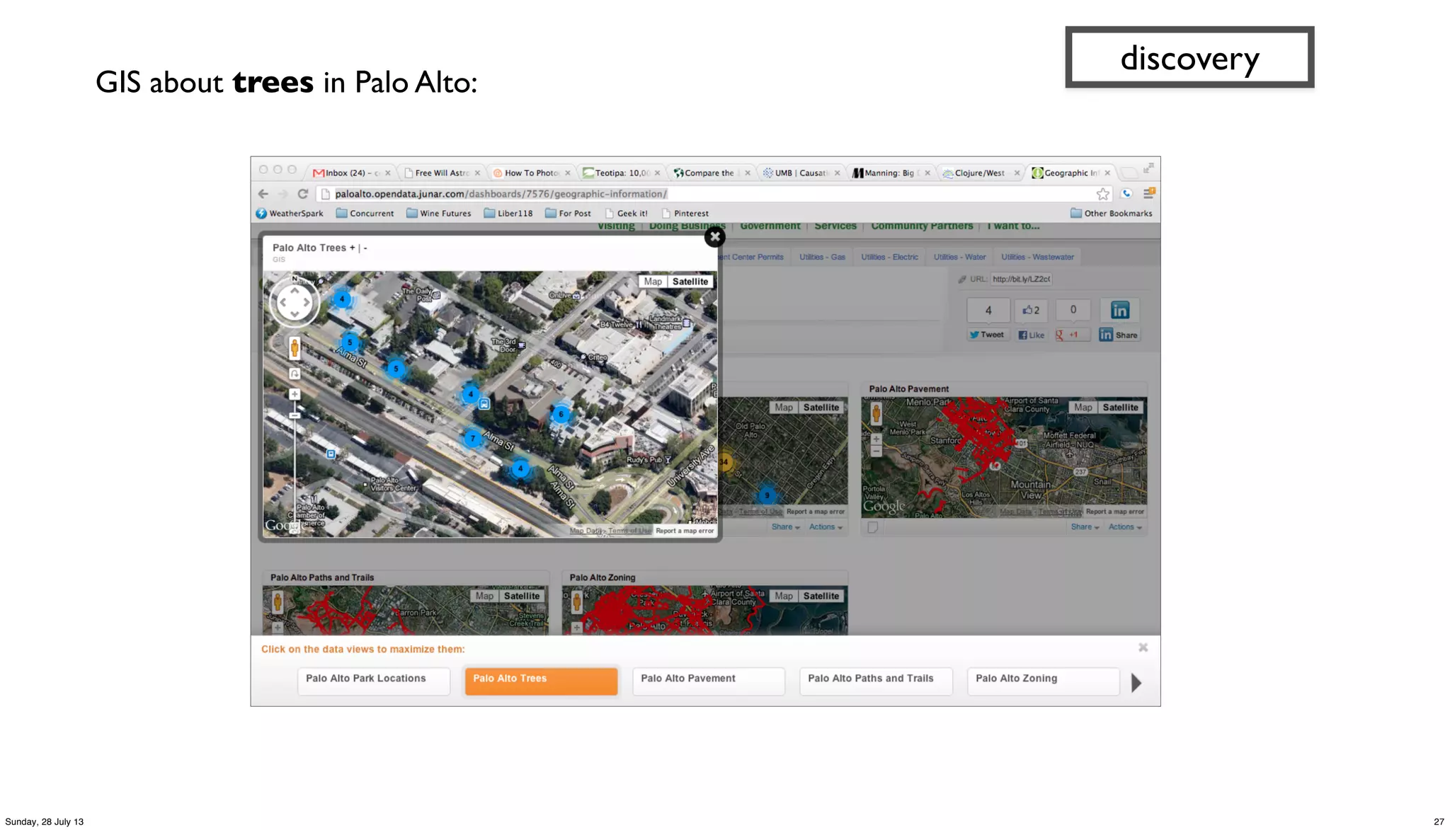 GIS about trees in Palo Alto:
discovery
27Sunday, 28 July 13
 