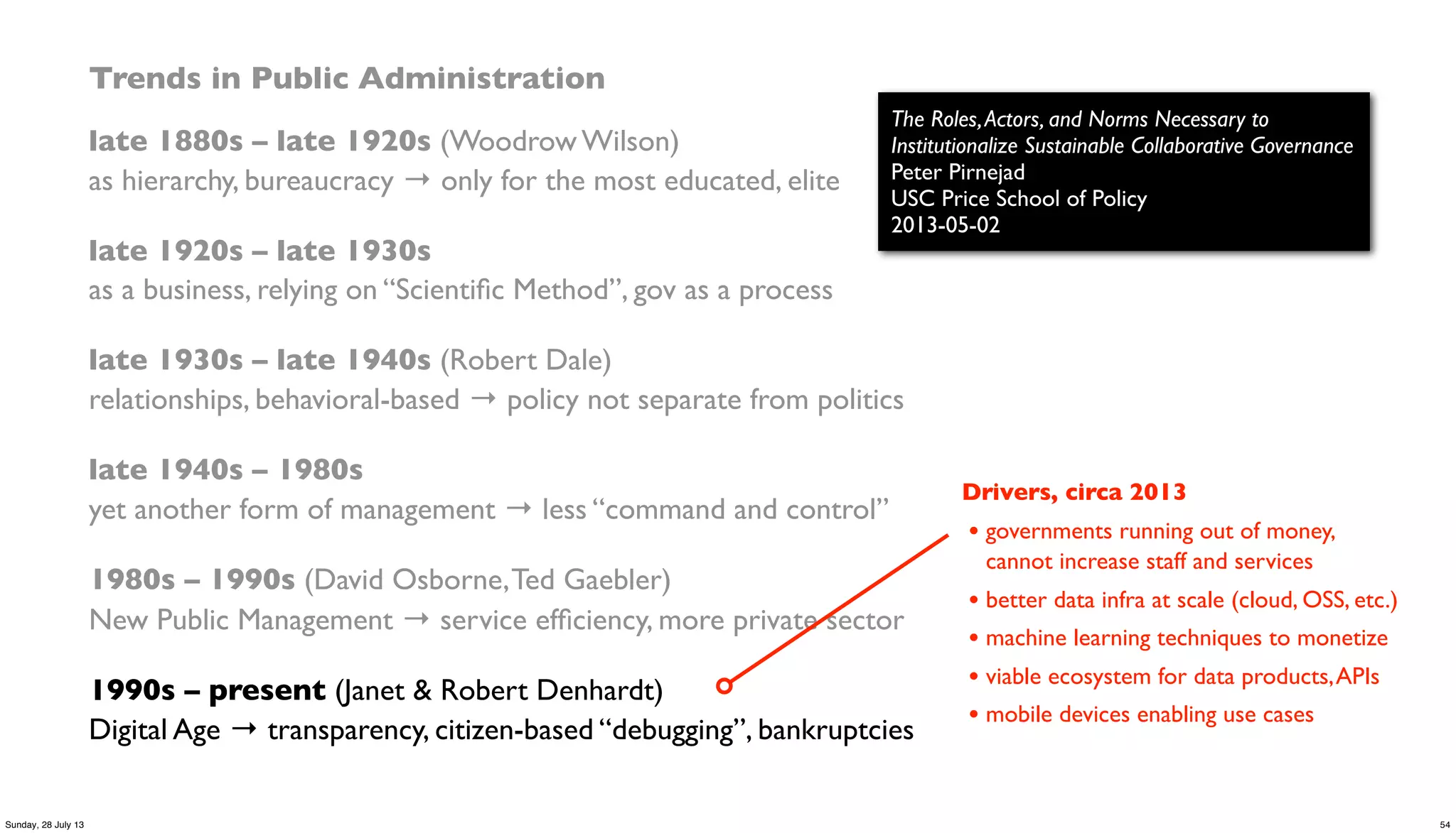 Trends in Public Administration
late 1880s – late 1920s (Woodrow Wilson)
as hierarchy, bureaucracy → only for the most educated, elite
late 1920s – late 1930s
as a business, relying on “Scientiﬁc Method”, gov as a process
late 1930s – late 1940s (Robert Dale)
relationships, behavioral-based → policy not separate from politics
late 1940s – 1980s
yet another form of management → less “command and control”
1980s – 1990s (David Osborne,Ted Gaebler)
New Public Management → service efﬁciency, more private sector
1990s – present (Janet & Robert Denhardt)
Digital Age → transparency, citizen-based “debugging”, bankruptcies
The Roles,Actors, and Norms Necessary to
Institutionalize Sustainable Collaborative Governance
Peter Pirnejad
USC Price School of Policy
2013-05-02
Drivers, circa 2013
• governments running out of money,
cannot increase staff and services
• better data infra at scale (cloud, OSS, etc.)
• machine learning techniques to monetize
• viable ecosystem for data products,APIs
• mobile devices enabling use cases
54Sunday, 28 July 13
 