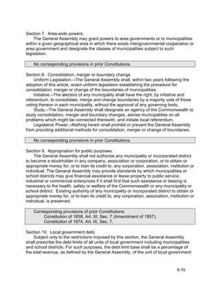 Section 7. Area-wide powers.
    The General Assembly may grant powers to area governments or to municipalities
within a given geographical area in which there exists intergovernmental cooperation or
area government and designate the classes of municipalities subject to such
legislation.

    No corresponding provisions in prior Constitutions.

Section 8. Consolidation, merger or boundary change.
    Uniform Legislation.--The General Assembly shall, within two years following the
adoption of this article, enact uniform legislation establishing the procedure for
consolidation, merger or change of the boundaries of municipalities.
    Initiative.--The electors of any municipality shall have the right, by initiative and
referendum, to consolidate, merge and change boundaries by a majority vote of those
voting thereon in each municipality, without the approval of any governing body.
    Study.--The General Assembly shall designate an agency of the Commonwealth to
study consolidation, merger and boundary changes, advise municipalities on all
problems which might be connected therewith, and initiate local referendum.
    Legislative Power.--Nothing herein shall prohibit or prevent the General Assembly
from providing additional methods for consolidation, merger or change of boundaries.

    No corresponding provisions in prior Constitutions.

Section 9. Appropriation for public purposes.
    The General Assembly shall not authorize any municipality or incorporated district
to become a stockholder in any company, association or corporation, or to obtain or
appropriate money for, or to loan its credit to, any corporation, association, institution or
individual. The General Assembly may provide standards by which municipalities or
school districts may give financial assistance or lease property to public service,
industrial or commercial enterprises if it shall find that such assistance or leasing is
necessary to the health, safety or welfare of the Commonwealth or any municipality or
school district. Existing authority of any municipality or incorporated district to obtain or
appropriate money for, or to loan its credit to, any corporation, association, institution or
individual, is preserved.

    Corresponding provisions of prior Constitutions:
         Constitution of 1838, Art. XI, Sec. 7 (Amendment of 1857).
         Constitution of 1874, Art. IX, Sec. 7.

Section 10. Local government debt.
     Subject only to the restrictions imposed by this section, the General Assembly
shall prescribe the debt limits of all units of local government including municipalities
and school districts. For such purposes, the debt limit base shall be a percentage of
the total revenue, as defined by the General Assembly, of the unit of local government



                                                                                   9-79
 