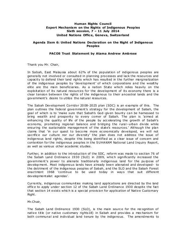 Pacos Trust Statement At Human Rights Council Expert Mechanism On Th